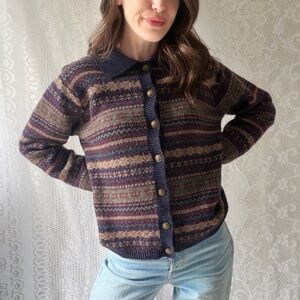Vintage Fair Isle Wool Blend Button Cardigan Collared Sweater Croft Barrow